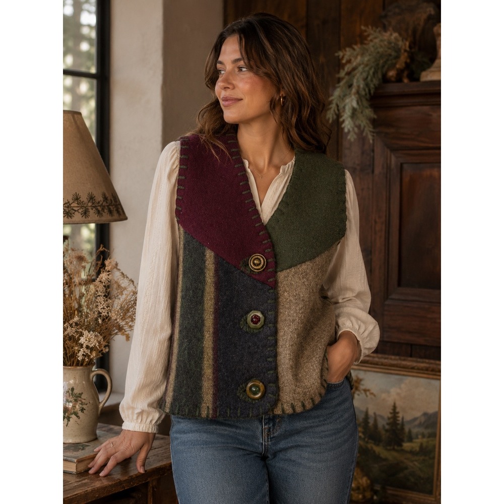 Baabaazuzu Wool Patchwork Vest Womens Large Multicolor Upcycled Boho Cottagecore